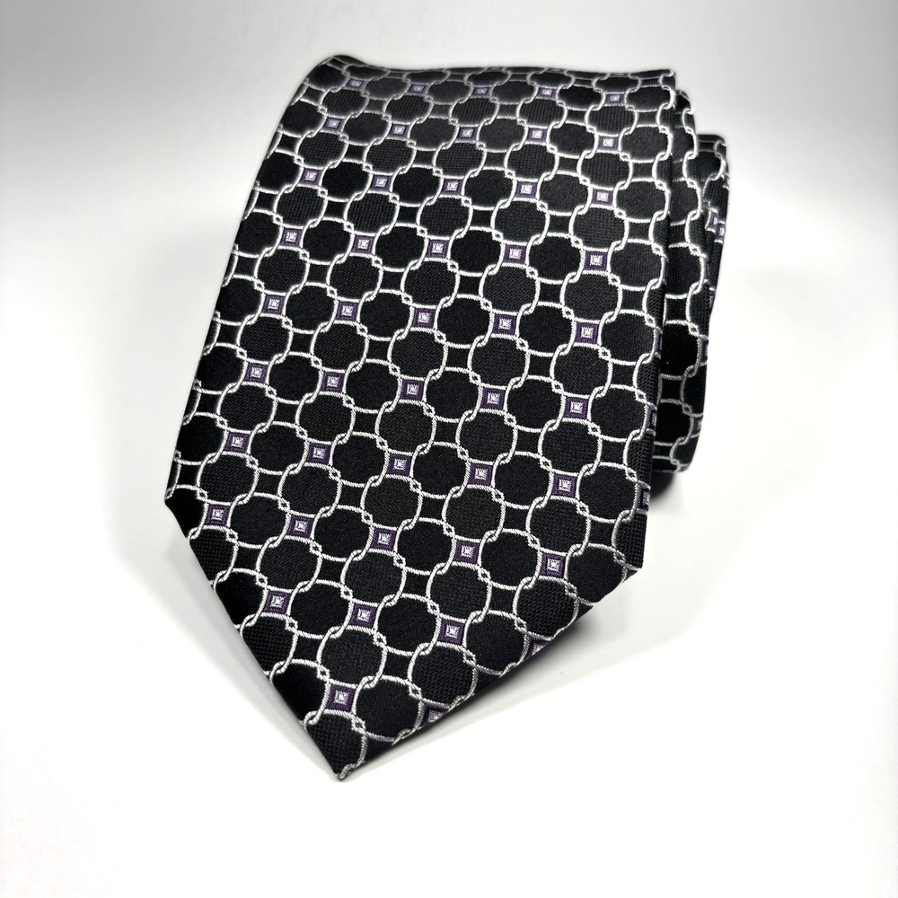 FORSYTH of Canada Mens Luxury Tie Black & Silver Geometric Foulard Silk Repp